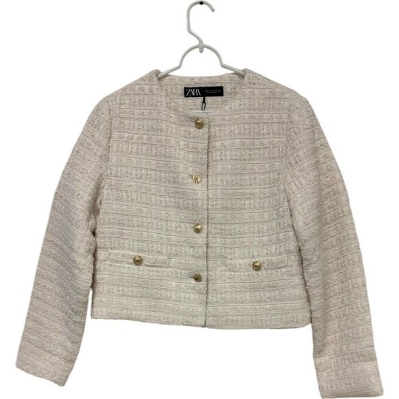 Zara Womens Blazer Jacket Size M Cream Ivory Textured Gold Button 3046/251 NWT - Picture 1 of 13